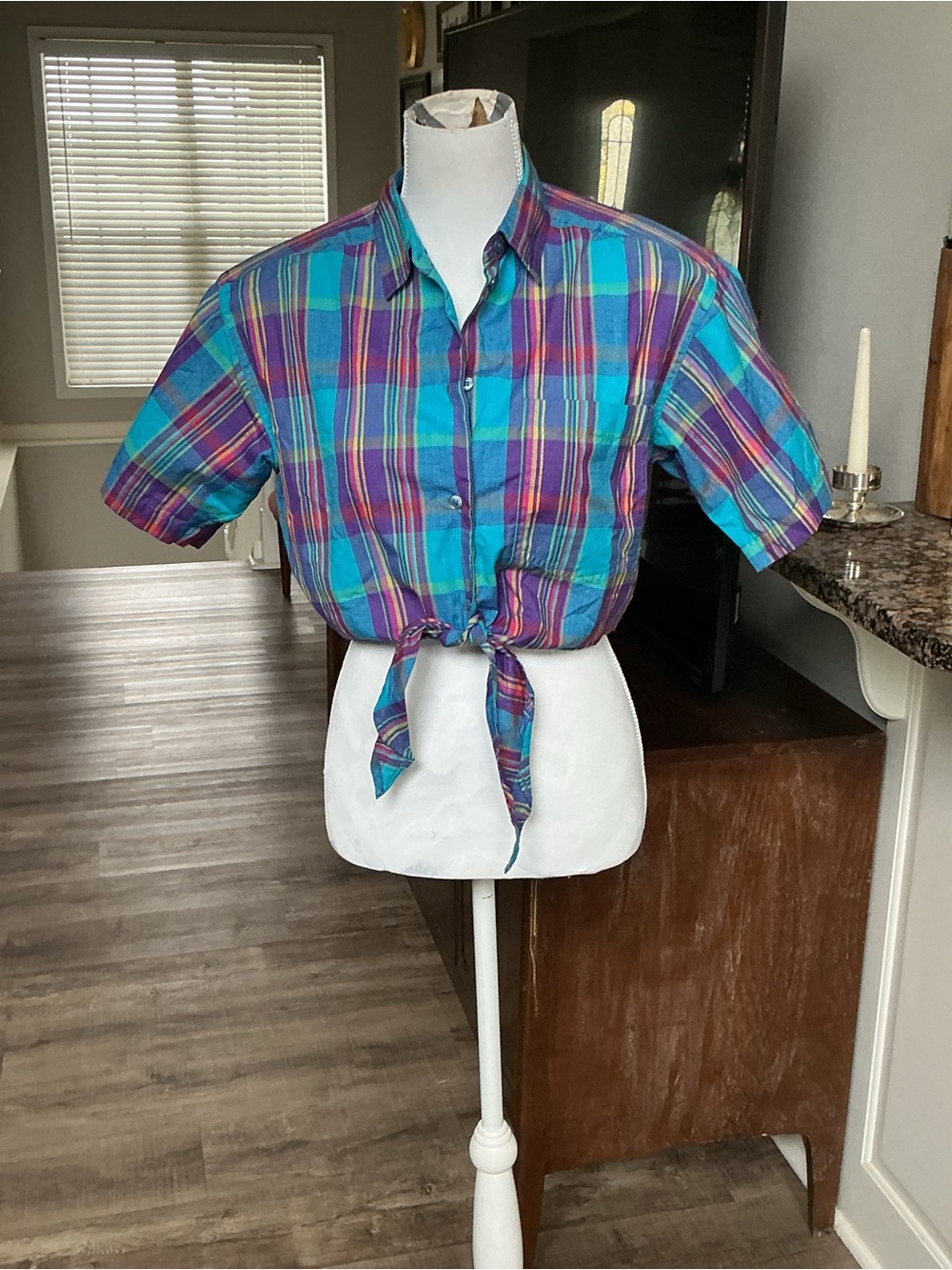 Vintage 80’s Madras Plaid Crop Top Tie Fron Shoulder Pads Size Small Cotton